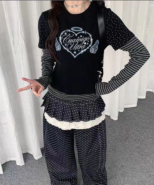 AsheKsha(アシクシャ)の「Y2K可愛いトップス/フェイクツーピーストップス(Tシャツ/カットソー・レディース・ブラック・M)」の10枚目の写真