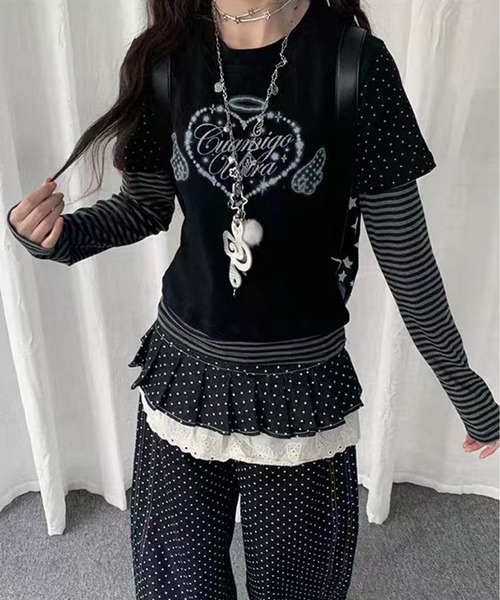 AsheKsha(アシクシャ)の「Y2K可愛いトップス/フェイクツーピーストップス(Tシャツ/カットソー・レディース・ブラック・M)」の11枚目の写真