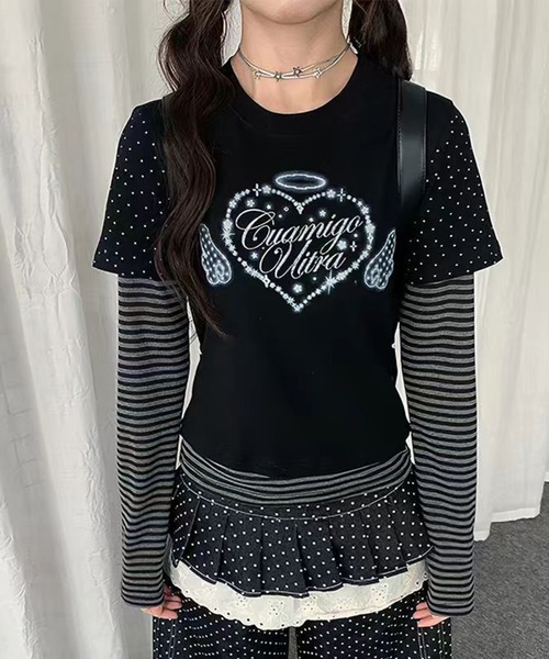 AsheKsha(アシクシャ)の「Y2K可愛いトップス/フェイクツーピーストップス(Tシャツ/カットソー・レディース・ブラック・M)」の12枚目の写真