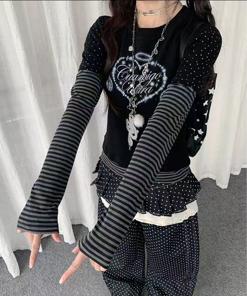 AsheKsha(アシクシャ)の「Y2K可愛いトップス/フェイクツーピーストップス(Tシャツ/カットソー・レディース・ブラック・M)」の13枚目の写真