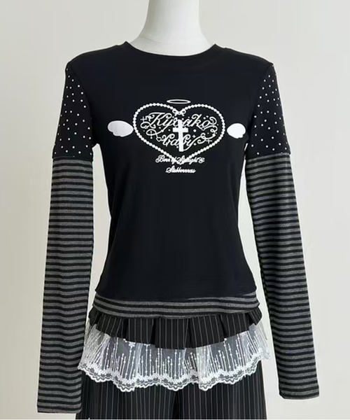 AsheKsha(アシクシャ)の「Y2K可愛いトップス/フェイクツーピーストップス(Tシャツ/カットソー・レディース・ブラック・M)」の14枚目の写真