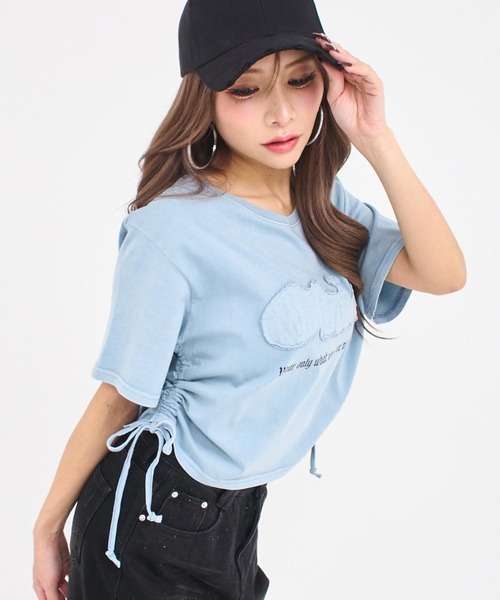 ANAP(アナップ)の「ワッペンロゴ サイドギャザー ピグメントTシャツ(Tシャツ/カットソー・レディース・ホワイト/ブルー/ダークアッシュ・F)」の15枚目の写真