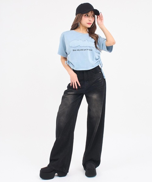 ANAP(アナップ)の「ワッペンロゴ サイドギャザー ピグメントTシャツ(Tシャツ/カットソー・レディース・ホワイト/ブルー/ダークアッシュ・F)」の18枚目の写真