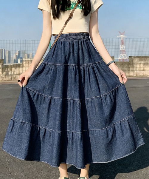 2ly2(トゥーリートゥー)の「デニム ティアードロングスカート / ウエストゴム フレアスカート(デニムスカート・レディース・ダークブルー/ライトブルー/ブルー・FREE)」の11枚目の写真