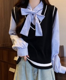 レイヤード風リボンタイストライプシャツ×ニットベスト トップス