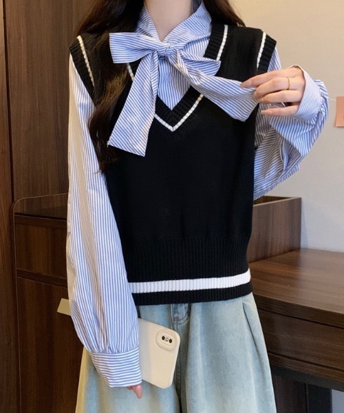 Alvia(アルビア)の「レイヤード風リボンタイストライプシャツ×ニットベスト トップス(ニット/セーター・レディース・グレー/ブラック/ブラウン・M)」の17枚目の写真