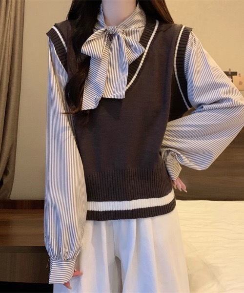 Alvia(アルビア)の「レイヤード風リボンタイストライプシャツ×ニットベスト トップス(ニット/セーター・レディース・グレー/ブラック/ブラウン・M)」の21枚目の写真