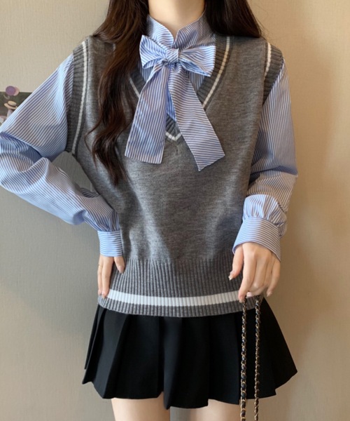 Alvia(アルビア)の「レイヤード風リボンタイストライプシャツ×ニットベスト トップス(ニット/セーター・レディース・グレー/ブラック/ブラウン・M)」の7枚目の写真