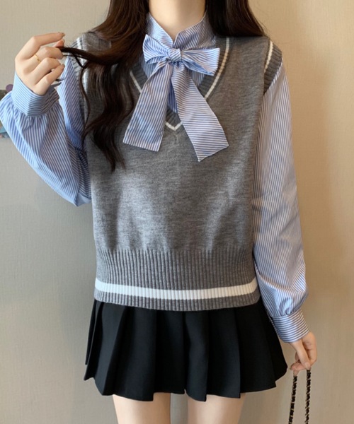 Alvia(アルビア)の「レイヤード風リボンタイストライプシャツ×ニットベスト トップス(ニット/セーター・レディース・グレー/ブラック/ブラウン・M)」の8枚目の写真