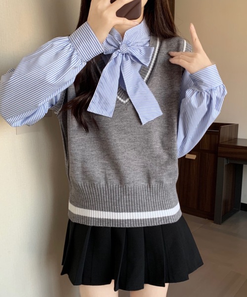 Alvia(アルビア)の「レイヤード風リボンタイストライプシャツ×ニットベスト トップス(ニット/セーター・レディース・グレー/ブラック/ブラウン・M)」の9枚目の写真