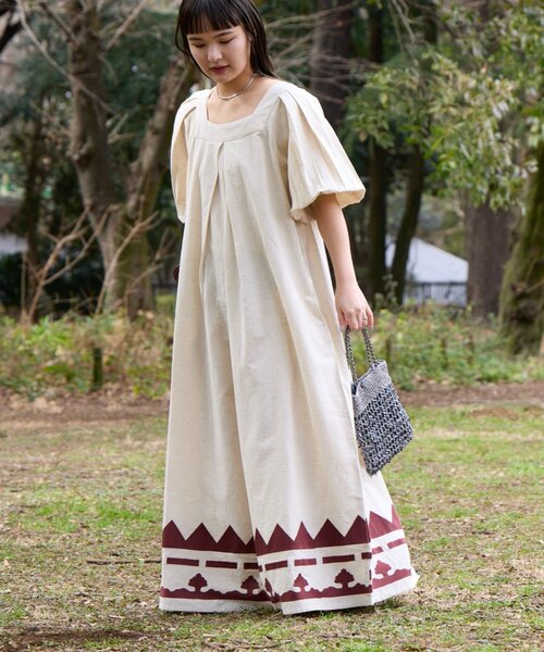 セール】【Aguni】綿麻裾刺繍サロペット（サロペット/オーバーオール
