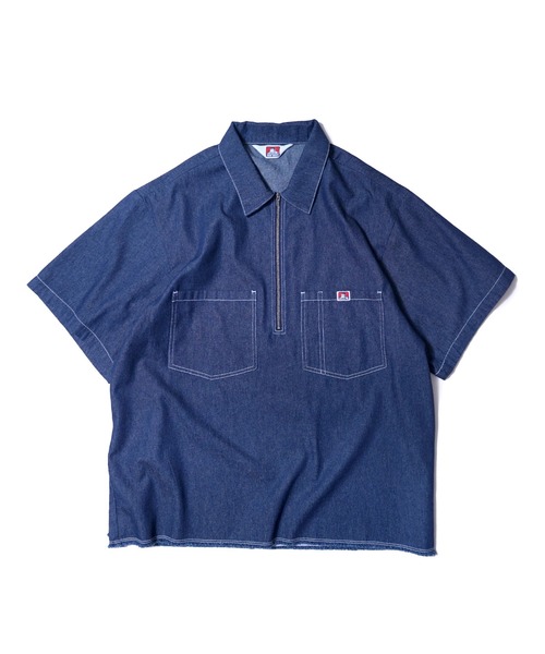 BEN DAVIS（ベンデイビス）の「HALF ZIP DENIM SHIRTS/ハーフジップ 裾フリンジ ビンテージライク デニム（Tシャツ/カットソー・メンズ・サックスブルー/インディゴブルー・X-LARGE/LARGE/MEDIUM）」の4枚目の写真