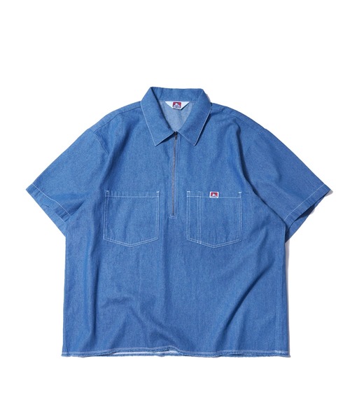 BEN DAVIS（ベンデイビス）の「HALF ZIP DENIM SHIRTS/ハーフジップ 裾フリンジ ビンテージライク デニム（Tシャツ/カットソー・メンズ・サックスブルー/インディゴブルー・X-LARGE/LARGE/MEDIUM）」の5枚目の写真