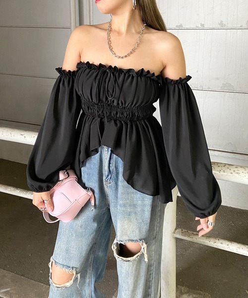 non-hedge(ノンヘッジ)の「シアーレギュラーヘムオフショルダートップス(シャツ/ブラウス・レディース・ブラック/オフホワイト・FREE)」の20枚目の写真