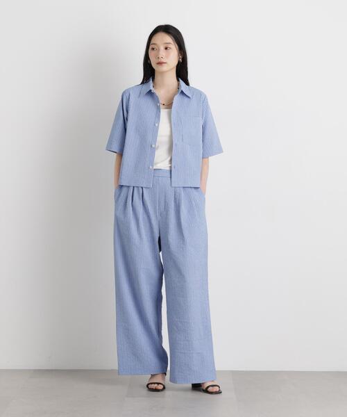 THOUSAND MILE(サウザンドマイル)の「THOUSAND MILE/SEERSUCKER STRIPE WIDE PANTS(セットアップ可)(その他パンツ・レディース・ライトブルー・L/M)」の3枚目の写真