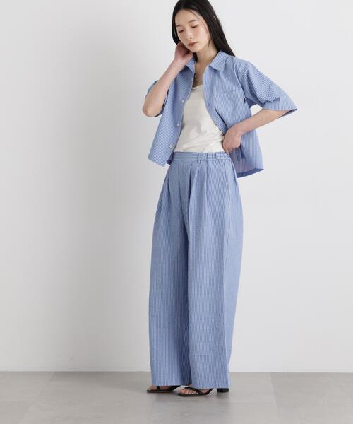 THOUSAND MILE(サウザンドマイル)の「THOUSAND MILE/SEERSUCKER STRIPE WIDE PANTS(セットアップ可)(その他パンツ・レディース・ライトブルー・L/M)」の4枚目の写真