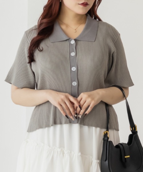 CLETTE(クレット)の「CLETTEオリジナルバイカラー衿付き半袖ニット(ニット/セーター・レディース・グレー/モカ/イエロー・3L/LL/4L)」の2枚目の写真