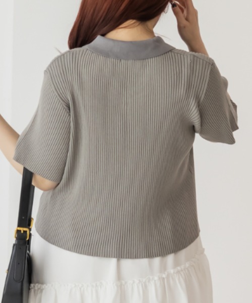CLETTE(クレット)の「CLETTEオリジナルバイカラー衿付き半袖ニット(ニット/セーター・レディース・グレー/モカ/イエロー・3L/LL/4L)」の12枚目の写真