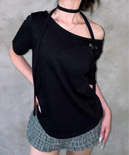 sedacle girl(セダクルガール)の「グリッターオフショルTEE(Tシャツ/カットソー・レディース・チャコールグレー/ブラック/ライトブルー・SMALL/MEDIUM)」の1枚目の写真