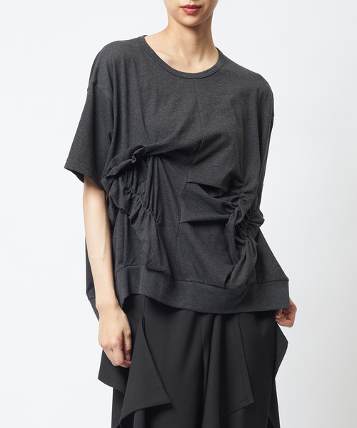 gomme(ゴム)の「シャーリングT(Tシャツ/カットソー・レディース・ボルドー/ホワイト/ブラック/チャコールグレー・MEDIUM)」の1枚目の写真