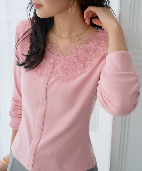 KOBE LETTUCE（コウベレタス）の「深UネックレースドッキングロンT（Tシャツ/カットソー・レディース・ホワイト/ピンク/グレー系・M）」の9枚目の写真