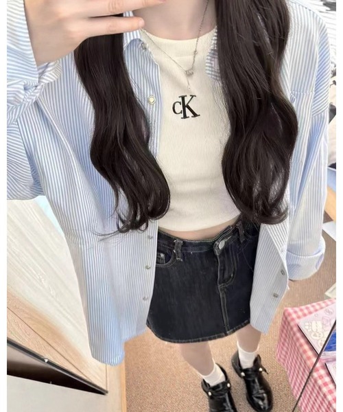 CHEER（チアー）の「モコモコ刺繍入り 爽やかストライプ ビッグシャツ（シャツ/ブラウス・レディース・ピンク/ブルー/イエロー・FREE）」の6枚目の写真