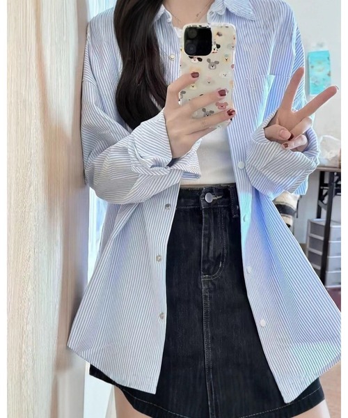 CHEER（チアー）の「モコモコ刺繍入り 爽やかストライプ ビッグシャツ（シャツ/ブラウス・レディース・ピンク/ブルー/イエロー・FREE）」の7枚目の写真