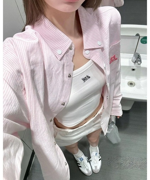 CHEER（チアー）の「モコモコ刺繍入り 爽やかストライプ ビッグシャツ（シャツ/ブラウス・レディース・ピンク/ブルー/イエロー・FREE）」の9枚目の写真