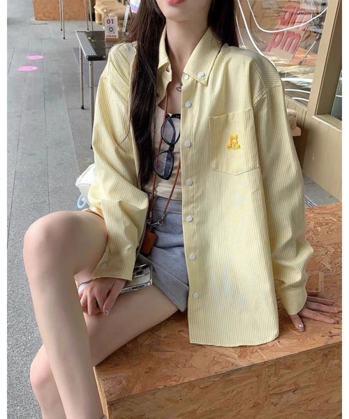 CHEER（チアー）の「モコモコ刺繍入り 爽やかストライプ ビッグシャツ（シャツ/ブラウス・レディース・ピンク/ブルー/イエロー・FREE）」の11枚目の写真