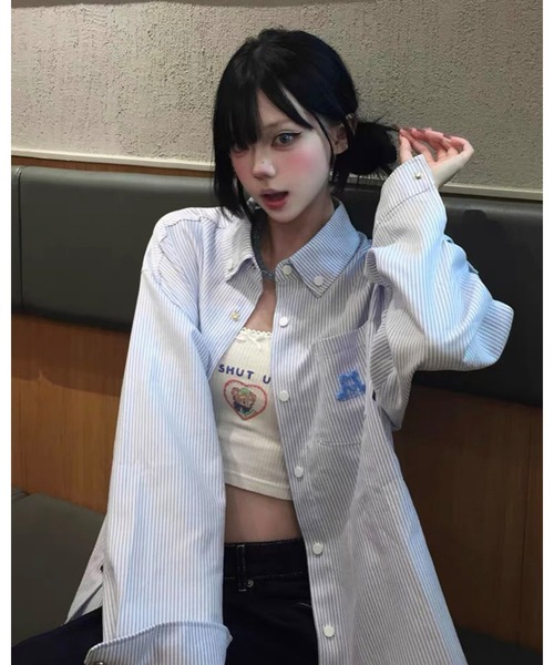 CHEER（チアー）の「モコモコ刺繍入り 爽やかストライプ ビッグシャツ（シャツ/ブラウス・レディース・ピンク/ブルー/イエロー・FREE）」の16枚目の写真