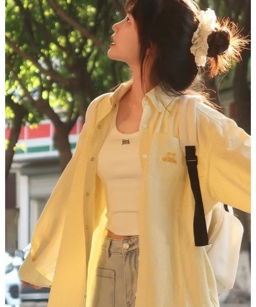 CHEER（チアー）の「モコモコ刺繍入り 爽やかストライプ ビッグシャツ（シャツ/ブラウス・レディース・ピンク/ブルー/イエロー・FREE）」の17枚目の写真
