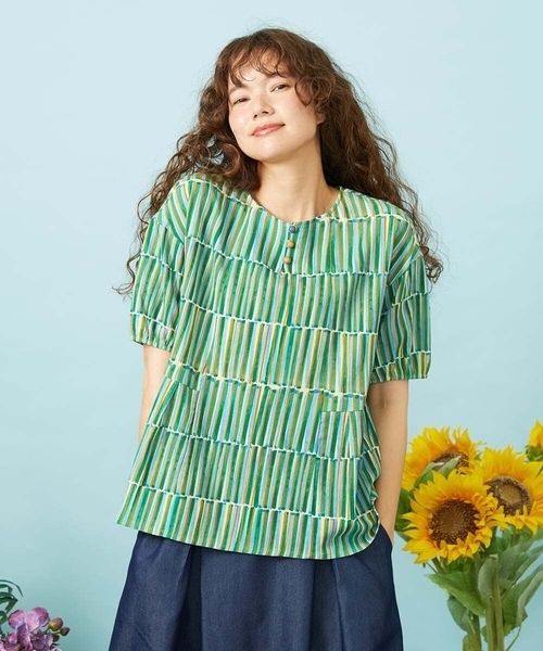 Jocomomola(ホコモモラ)の「Lanzas ストライププリントプルオーバーブラウス(Tシャツ/カットソー・レディース・ピンク/グリーン・40)」の1枚目の写真