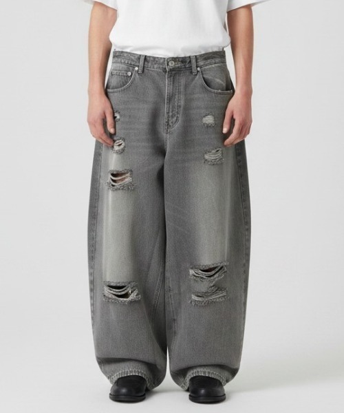 UNSTOA(アンストア)の「A-line Silhouette Cotton Distressed Denim Pants / Aラインシルエット コットンダメージデニムパンツ 秋服 冬服(デニムパンツ・メンズ・グレー・M/L)」の1枚目の写真