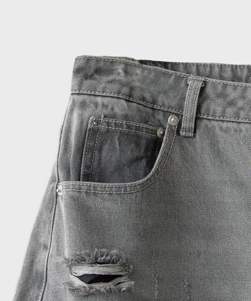UNSTOA(アンストア)の「A-line Silhouette Cotton Distressed Denim Pants / Aラインシルエット コットンダメージデニムパンツ 秋服 冬服(デニムパンツ・メンズ・グレー・M/L)」の4枚目の写真