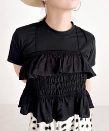 フリルギャザービスチェ & Tシャツセット (comochi original) / 2点セット セットアイテム レイヤード キャミソール キャミ 半袖  赤 黒