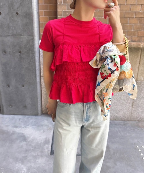 ISOOK（アイスー）の「フリルギャザービスチェ & Tシャツセット (comochi original) / 2点セット セットアイテム レイヤード キャミソール キャミ 半袖  赤 黒（Tシャツ/カットソー・レディース・レッド/ブラック・FREE）」の8枚目の写真