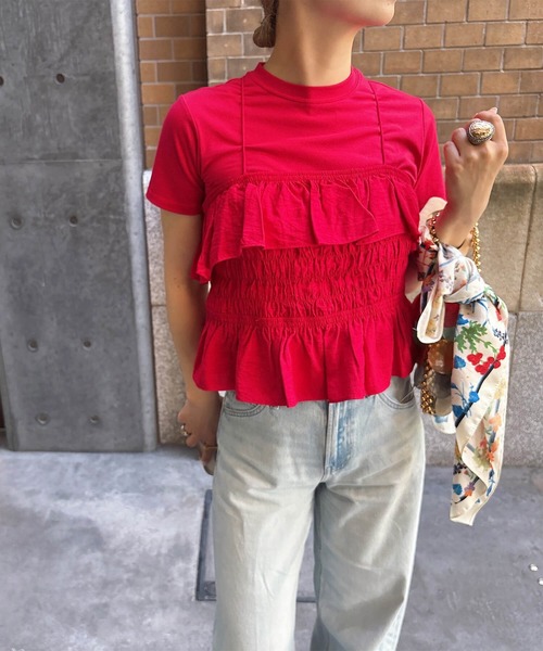 ISOOK（アイスー）の「フリルギャザービスチェ & Tシャツセット (comochi original) / 2点セット セットアイテム レイヤード キャミソール キャミ 半袖  赤 黒（Tシャツ/カットソー・レディース・レッド/ブラック・FREE）」の9枚目の写真