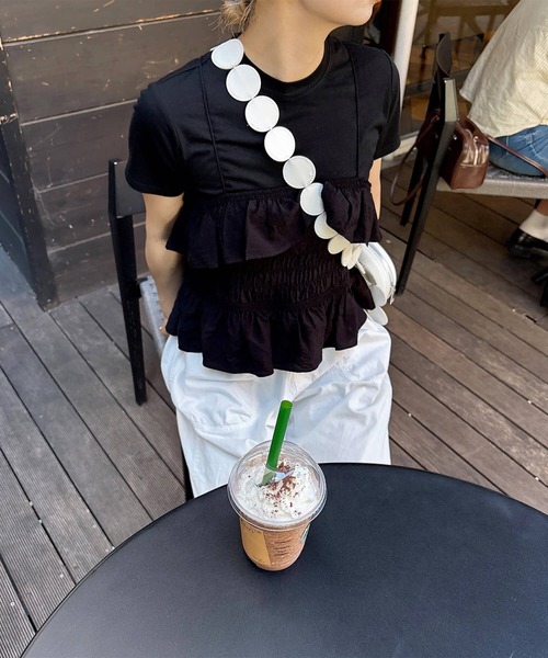 ISOOK（アイスー）の「フリルギャザービスチェ & Tシャツセット (comochi original) / 2点セット セットアイテム レイヤード キャミソール キャミ 半袖  赤 黒（Tシャツ/カットソー・レディース・レッド/ブラック・FREE）」の13枚目の写真