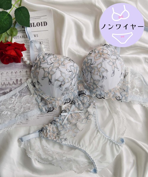 【ノンワイヤー/ラクして整う！ストレスフリーで上品なフィット感♪】上下セット/M-LL/脇高ガーリーフラワー