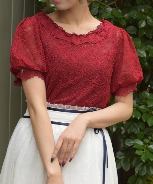 axes femme(アクシーズファム)の「ぽわん袖総レーストップス(Tシャツ/カットソー・レディース・レッド/ブラック/ホワイト・FREE)」の3枚目の写真