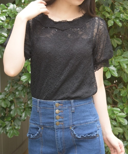 axes femme(アクシーズファム)の「ぽわん袖総レーストップス(Tシャツ/カットソー・レディース・レッド/ブラック/ホワイト・FREE)」の2枚目の写真