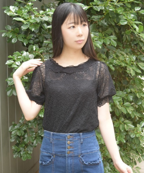 axes femme(アクシーズファム)の「ぽわん袖総レーストップス(Tシャツ/カットソー・レディース・レッド/ブラック/ホワイト・FREE)」の18枚目の写真