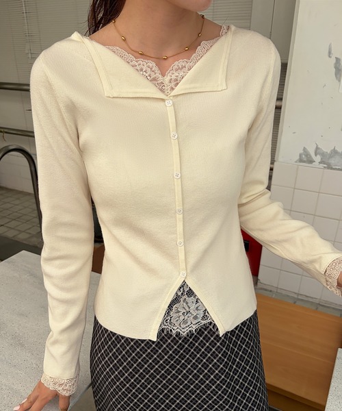 junoah(ジュノア)の「レースドッキングニットトップス(ニット/セーター・レディース・アイボリー/チャコール/ブラック・LARGE/MEDIUM)」の14枚目の写真