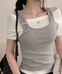 リブタンクトップ×ボートネック半袖Tシャツ アンサンブル トップス