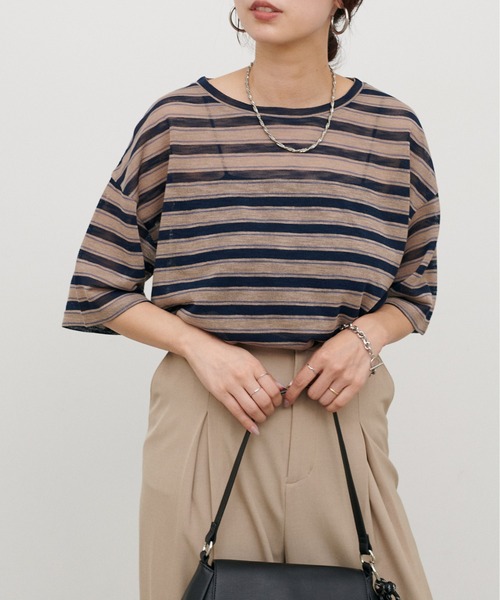 LARUTA(ラルータ)の「【LARUTA】シアーマルチボーダー半袖プルオーバー(Tシャツ/カットソー・レディース・イエロー/ブラウン/ネイビー・FREE)」の2枚目の写真
