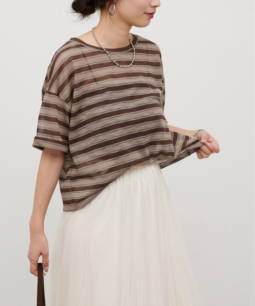 LARUTA(ラルータ)の「【LARUTA】シアーマルチボーダー半袖プルオーバー(Tシャツ/カットソー・レディース・イエロー/ブラウン/ネイビー・FREE)」の1枚目の写真
