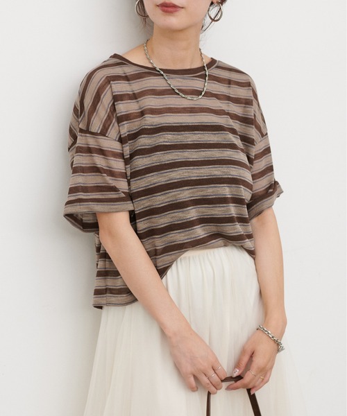 LARUTA(ラルータ)の「【LARUTA】シアーマルチボーダー半袖プルオーバー(Tシャツ/カットソー・レディース・イエロー/ブラウン/ネイビー・FREE)」の5枚目の写真