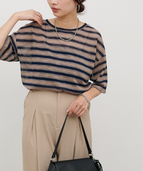 LARUTA(ラルータ)の「【LARUTA】シアーマルチボーダー半袖プルオーバー(Tシャツ/カットソー・レディース・イエロー/ブラウン/ネイビー・FREE)」の9枚目の写真