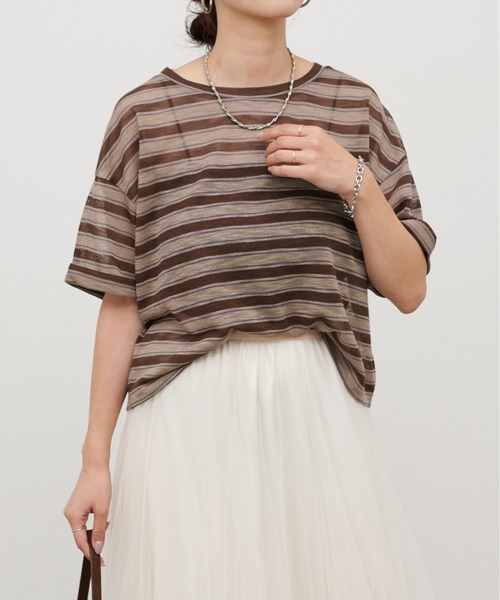 LARUTA(ラルータ)の「【LARUTA】シアーマルチボーダー半袖プルオーバー(Tシャツ/カットソー・レディース・イエロー/ブラウン/ネイビー・FREE)」の6枚目の写真