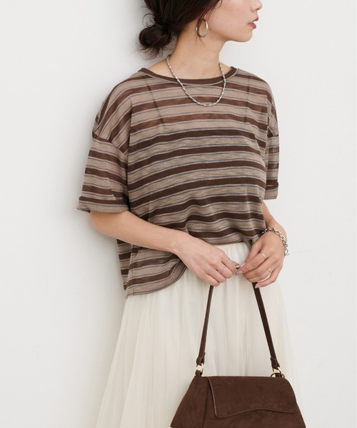 LARUTA(ラルータ)の「【LARUTA】シアーマルチボーダー半袖プルオーバー(Tシャツ/カットソー・レディース・イエロー/ブラウン/ネイビー・FREE)」の4枚目の写真